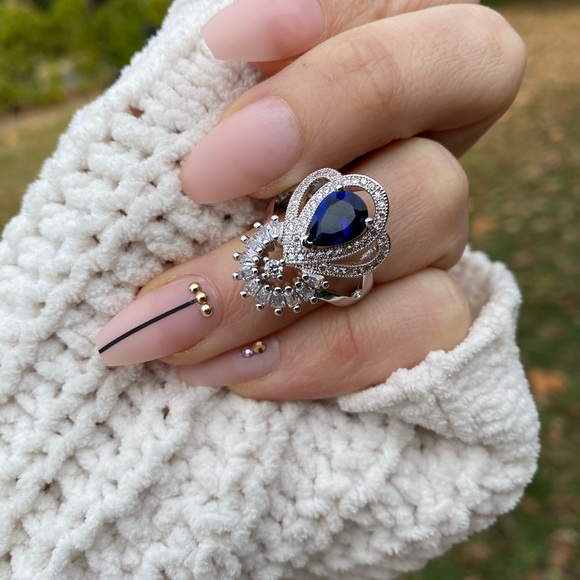 925 silver Luxury Water Drop Blue Sapphire Ring - Picture 11 of 11